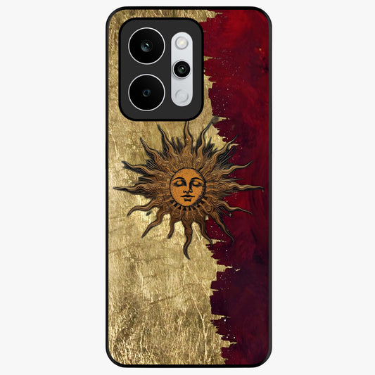 Crimson Sun Majesty Glass Case showing flat back view with radiant sun inspired artwork and glossy glass finish.