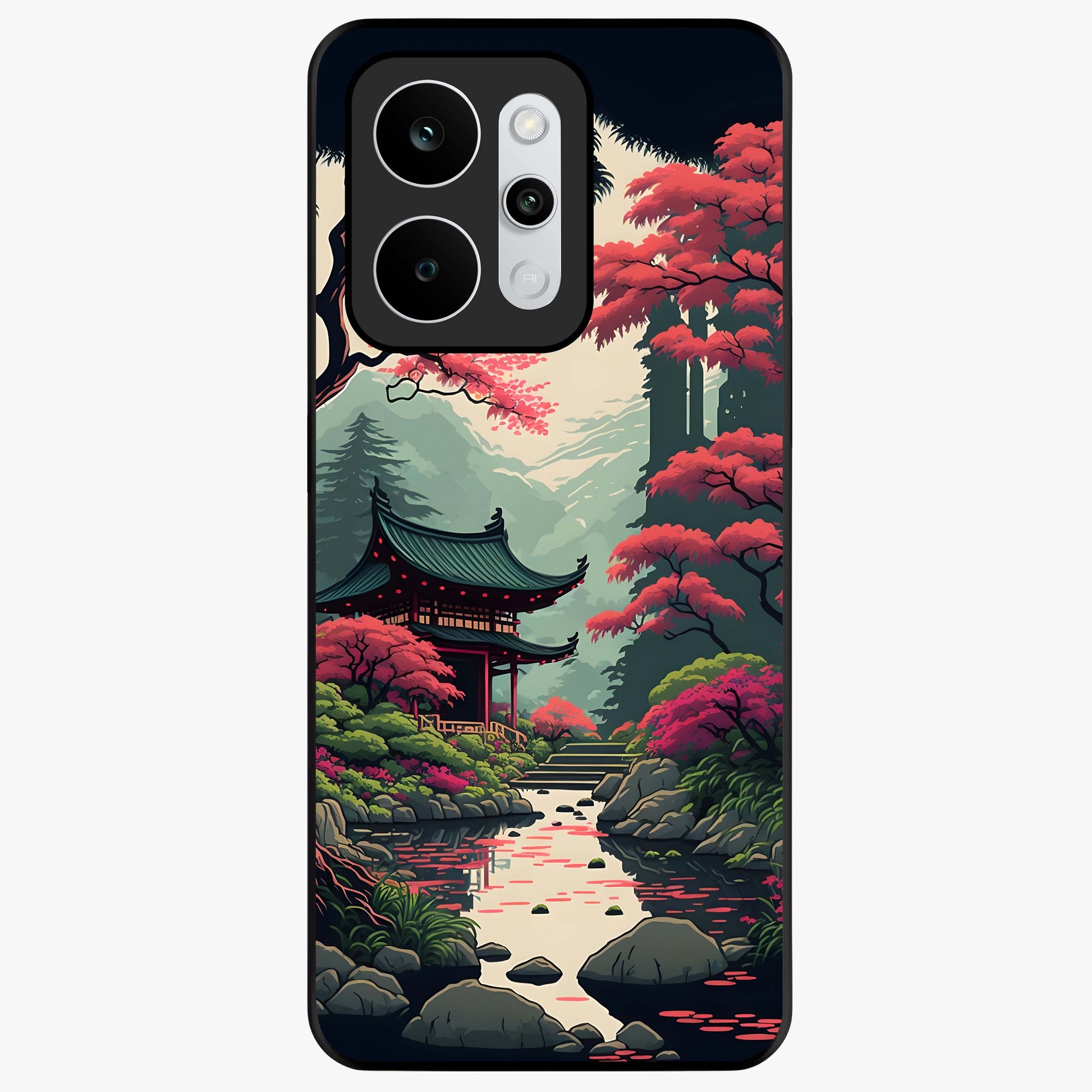 Crimson Temple View Glass Case showing flat back view with temple inspired artwork and glossy glass finish.