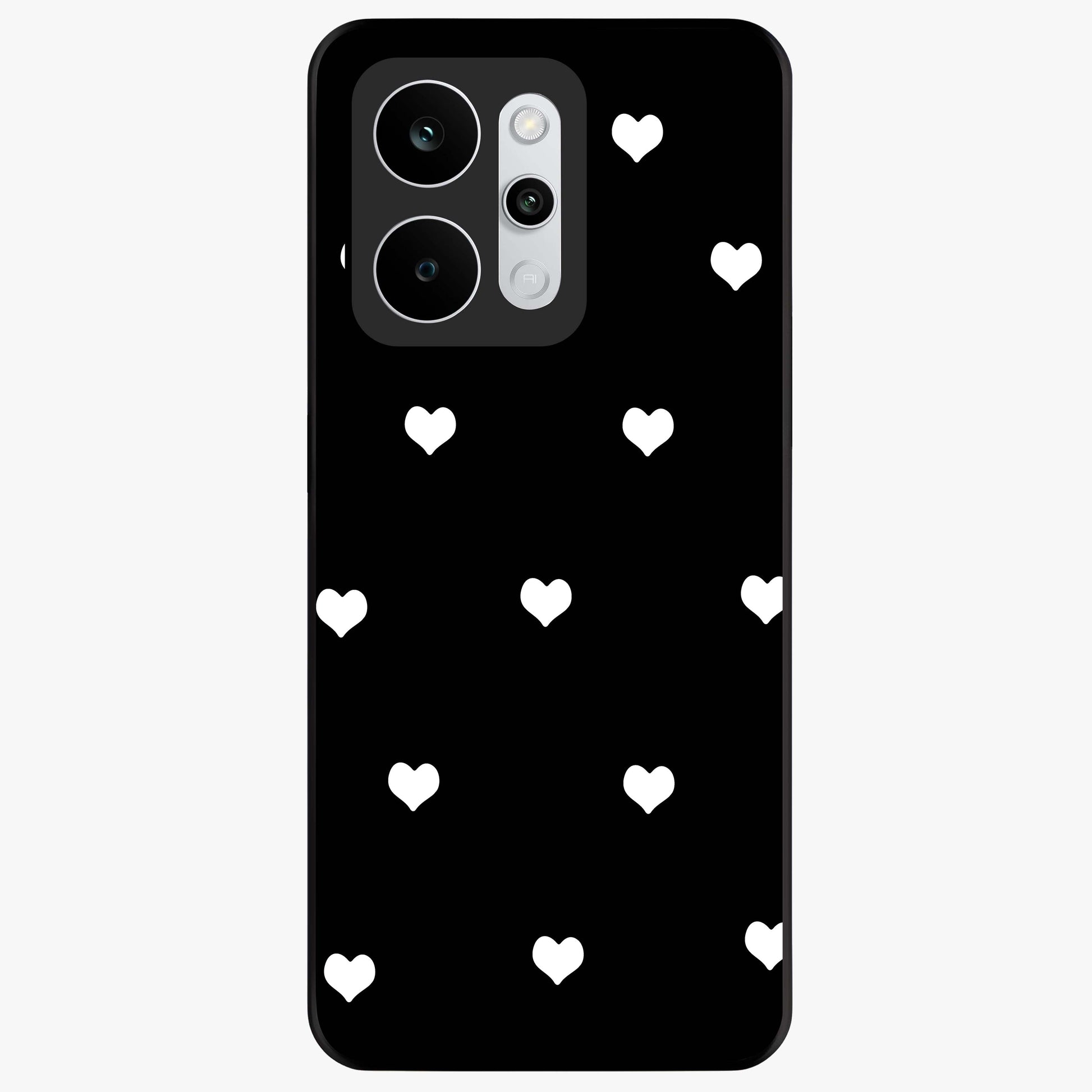 Cute And Simple White Hearts Glass Case showing flat back view with minimal white heart pattern and glossy glass finish.