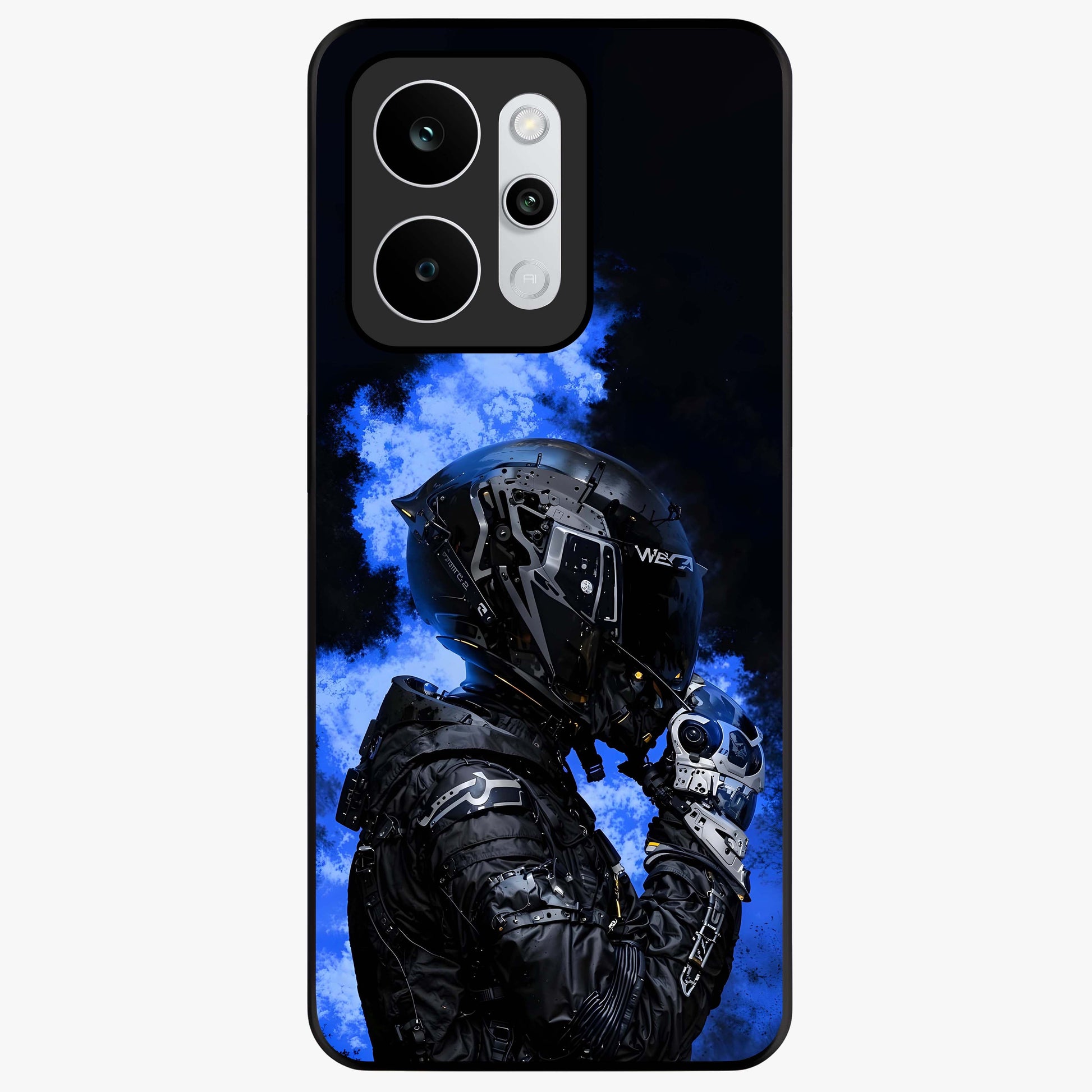 Cyber Sentinel Protocol Glass Case showing flat back view with futuristic cyber themed artwork and glossy glass finish.