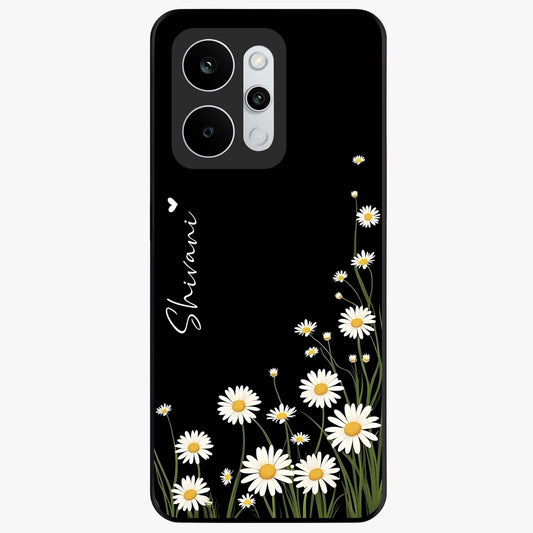 Daisy Cascade Custom Name Glass Case showing flat back view with cascading daisy flowers and personalized name design.