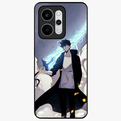 Dark Lightning Anime Warrior Glass Case showing flat back view with intense anime warrior artwork and glossy glass finish.