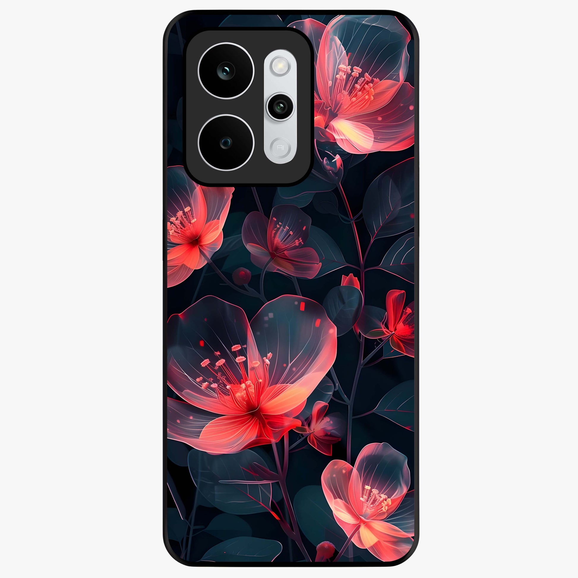 Dark Shade of Flower Glass Case showing flat back view with elegant dark floral artwork and glossy glass finish.