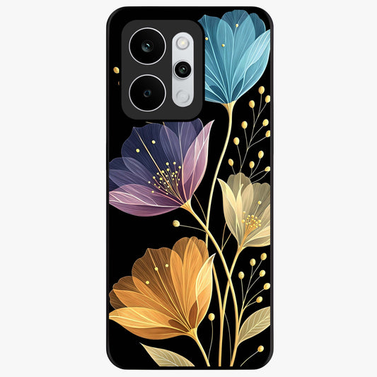 Delicate Multicolor Flowers Glass Case showing flat back view with vibrant floral artwork and glossy glass finish.