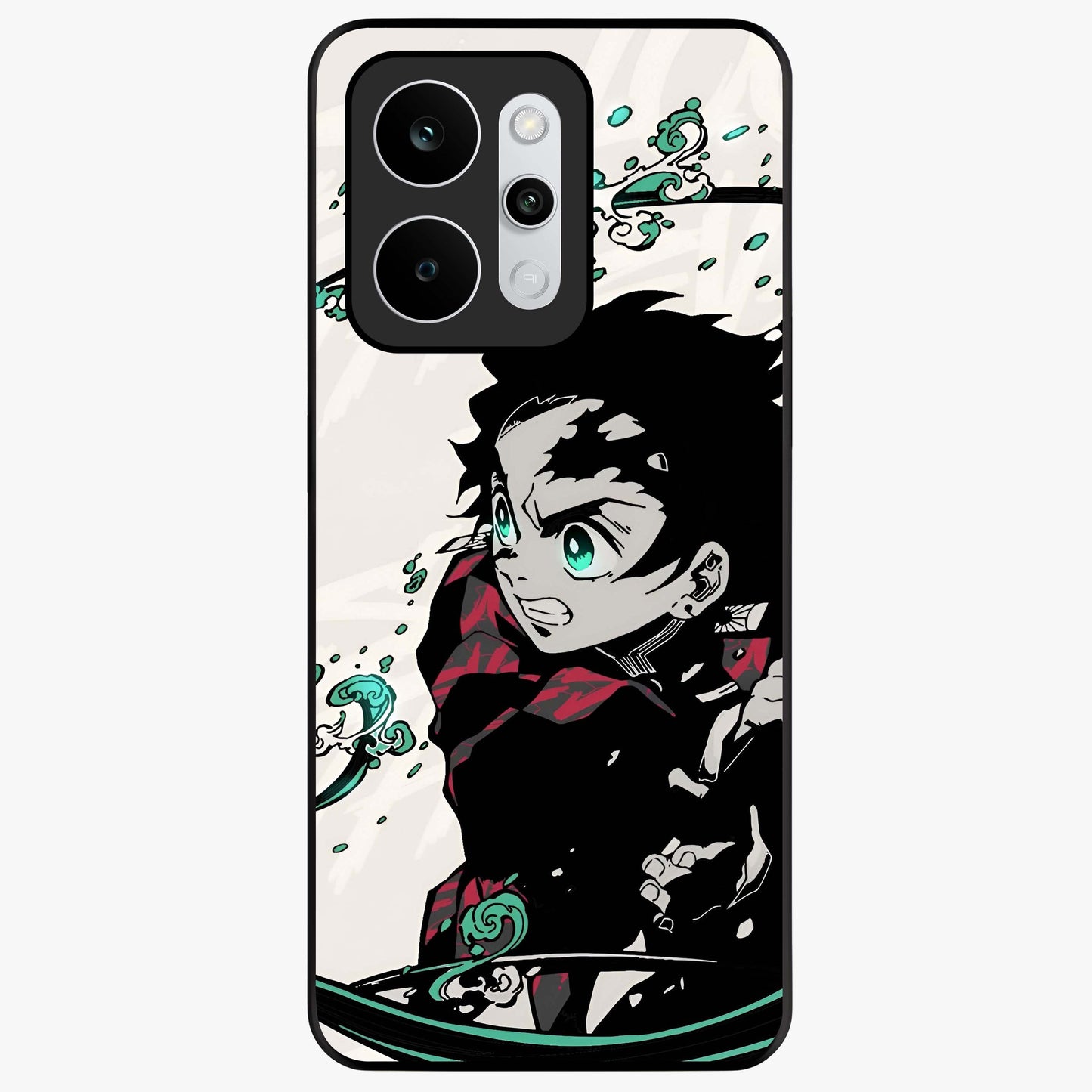 Demon Slayer Glass Case showing flat back view with bold anime inspired artwork and glossy glass finish.