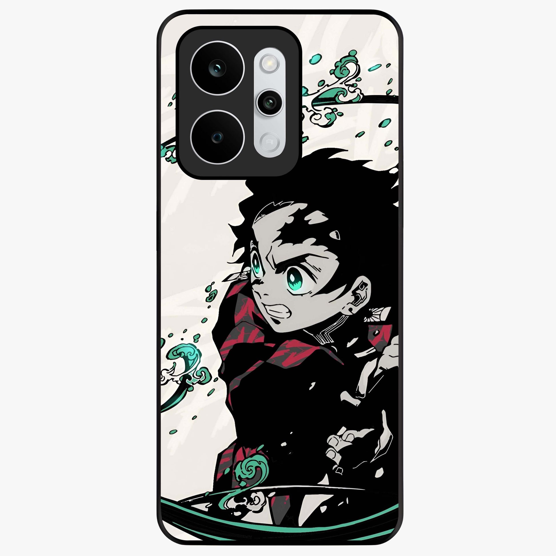 Demon Slayer Glass Case showing flat back view with bold anime inspired artwork and glossy glass finish.