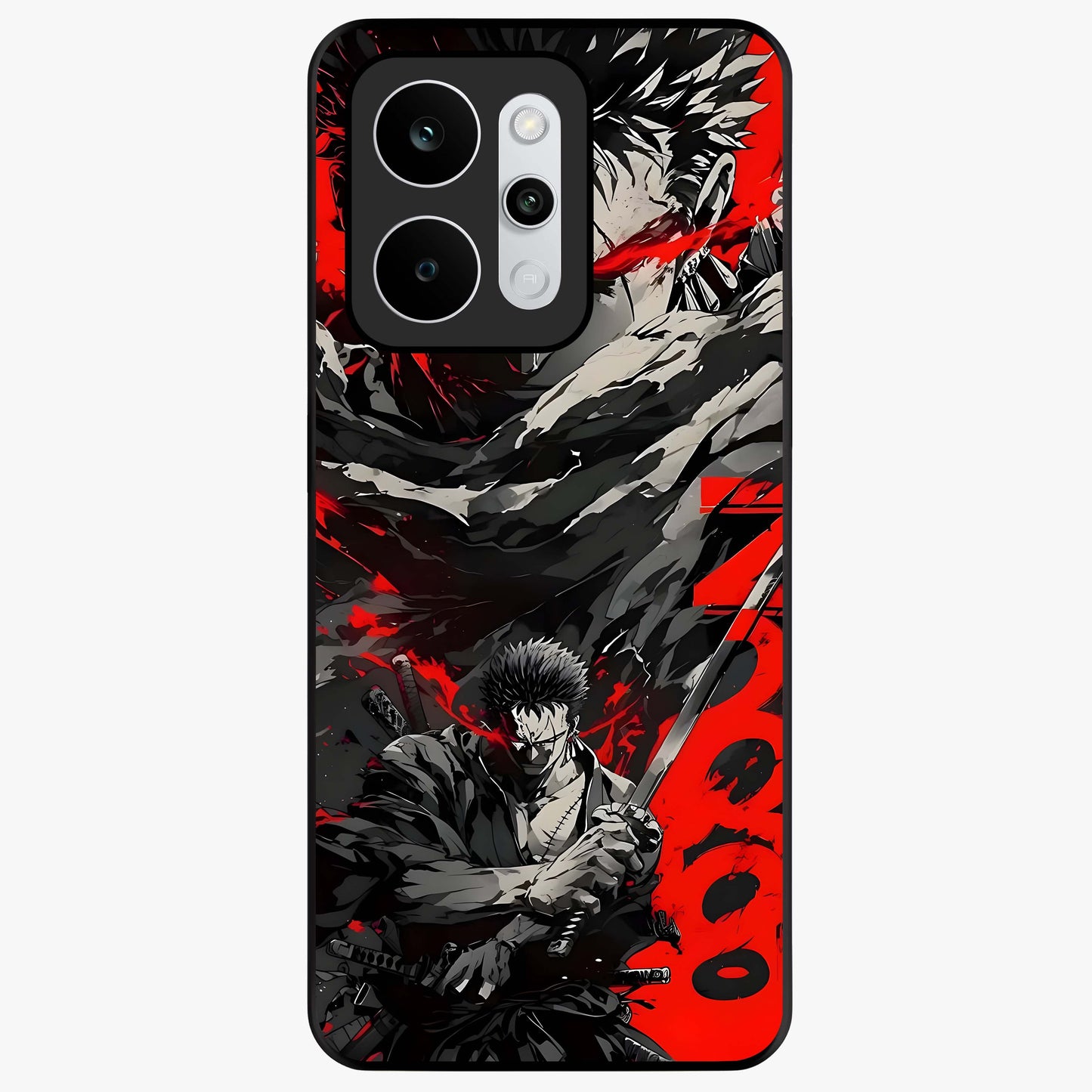 Demon Sword Resolve Glass Case showing flat back view with fierce sword warrior artwork and glossy glass finish.