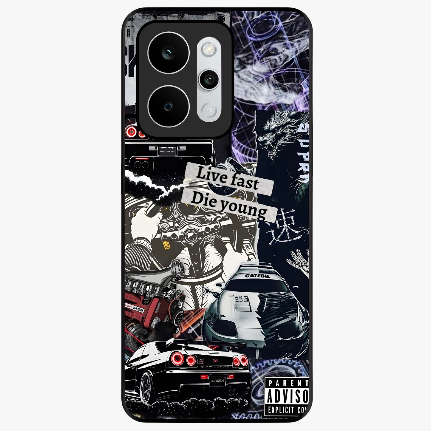 Die Young Glass Case showing flat back view with bold artistic typography design and glossy glass finish.
