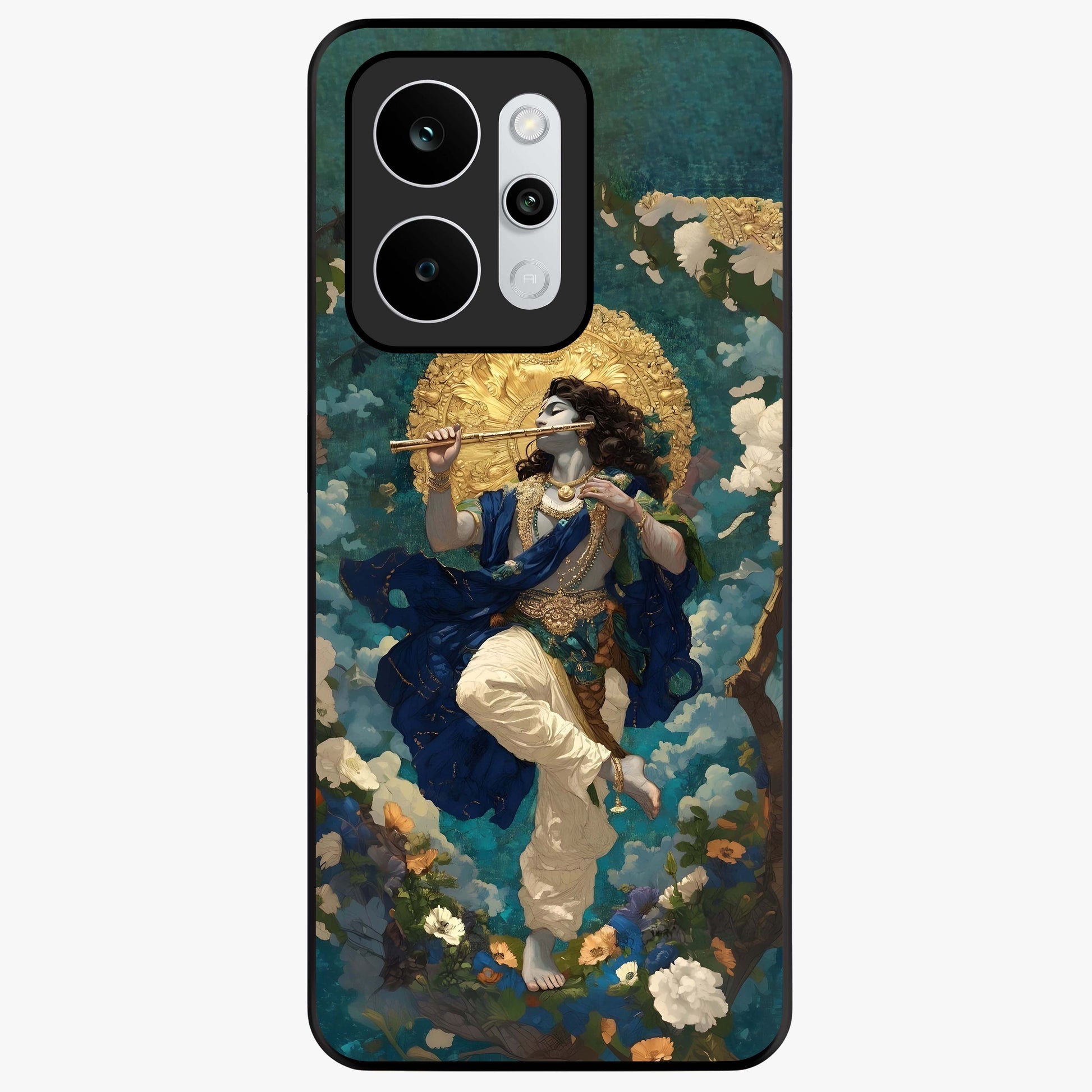 Divine Krishna Art Glass Case showing flat back view with Lord Krishna artwork and glossy glass finish.