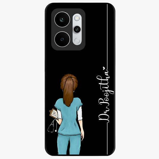 Doctor Pattern Custom Name Glass Case showing flat back view with medical themed pattern and personalized name design.