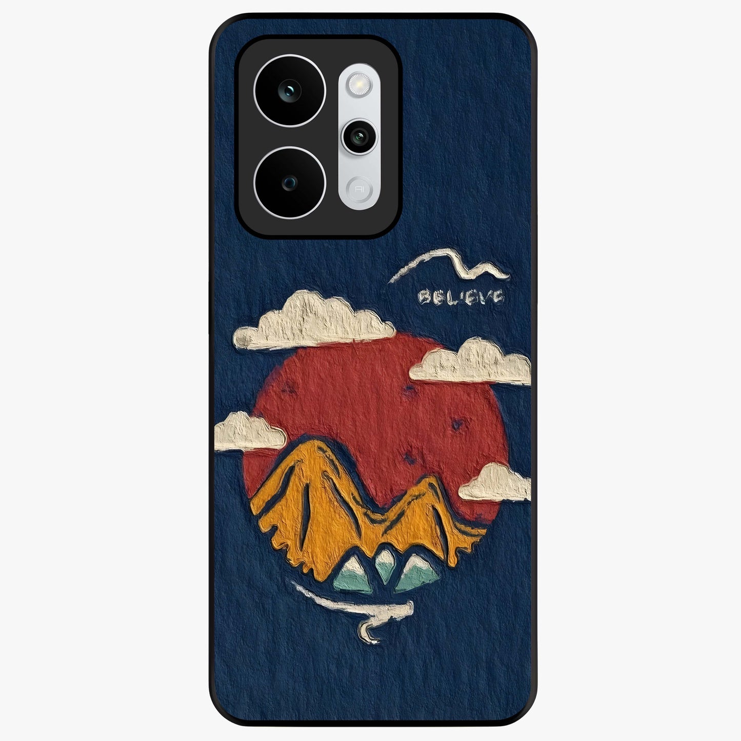 Dream Beyond Mountains Glass Case showing flat back view with scenic mountain landscape artwork and glossy glass finish.
