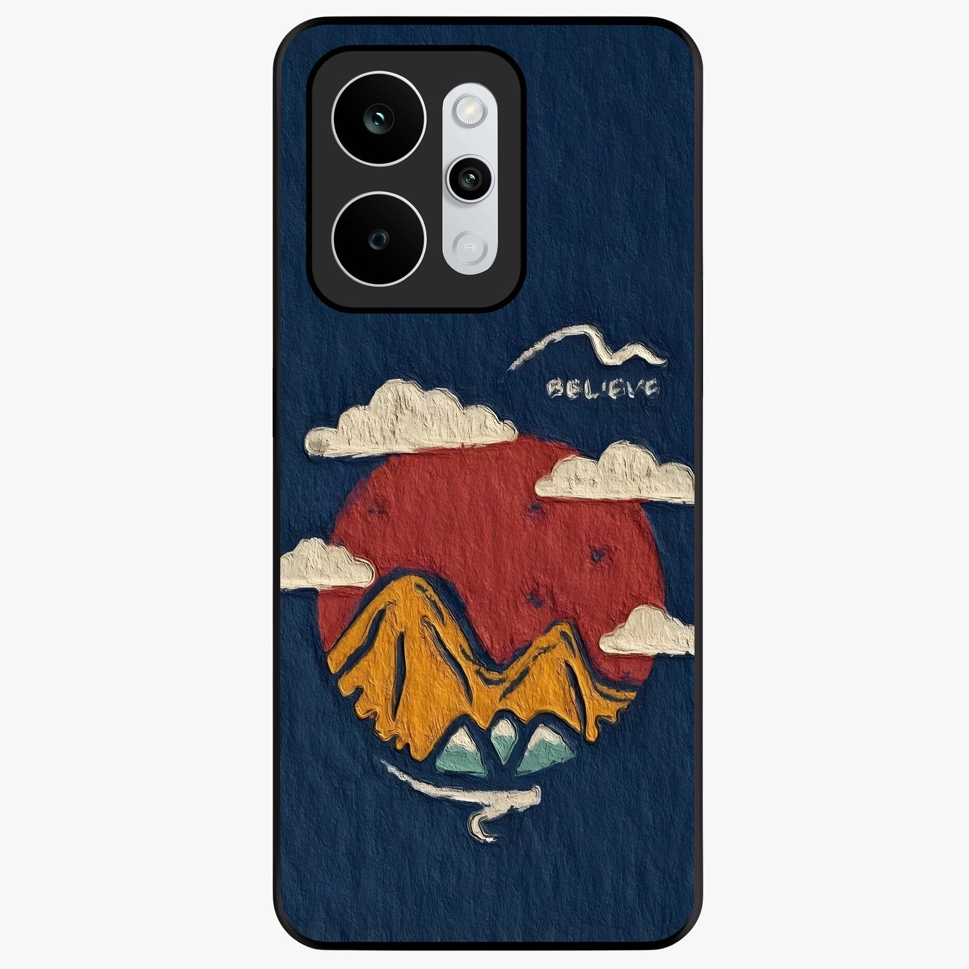 Dream Beyond Mountains Glass Case showing flat back view with scenic mountain landscape artwork and glossy glass finish.