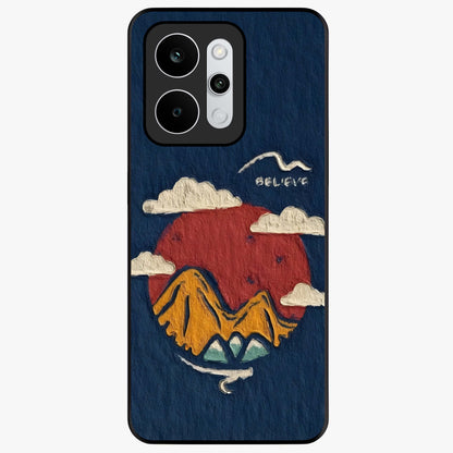 Dream Beyond Mountains Glass Case showing flat back view with scenic mountain landscape artwork and glossy glass finish.
