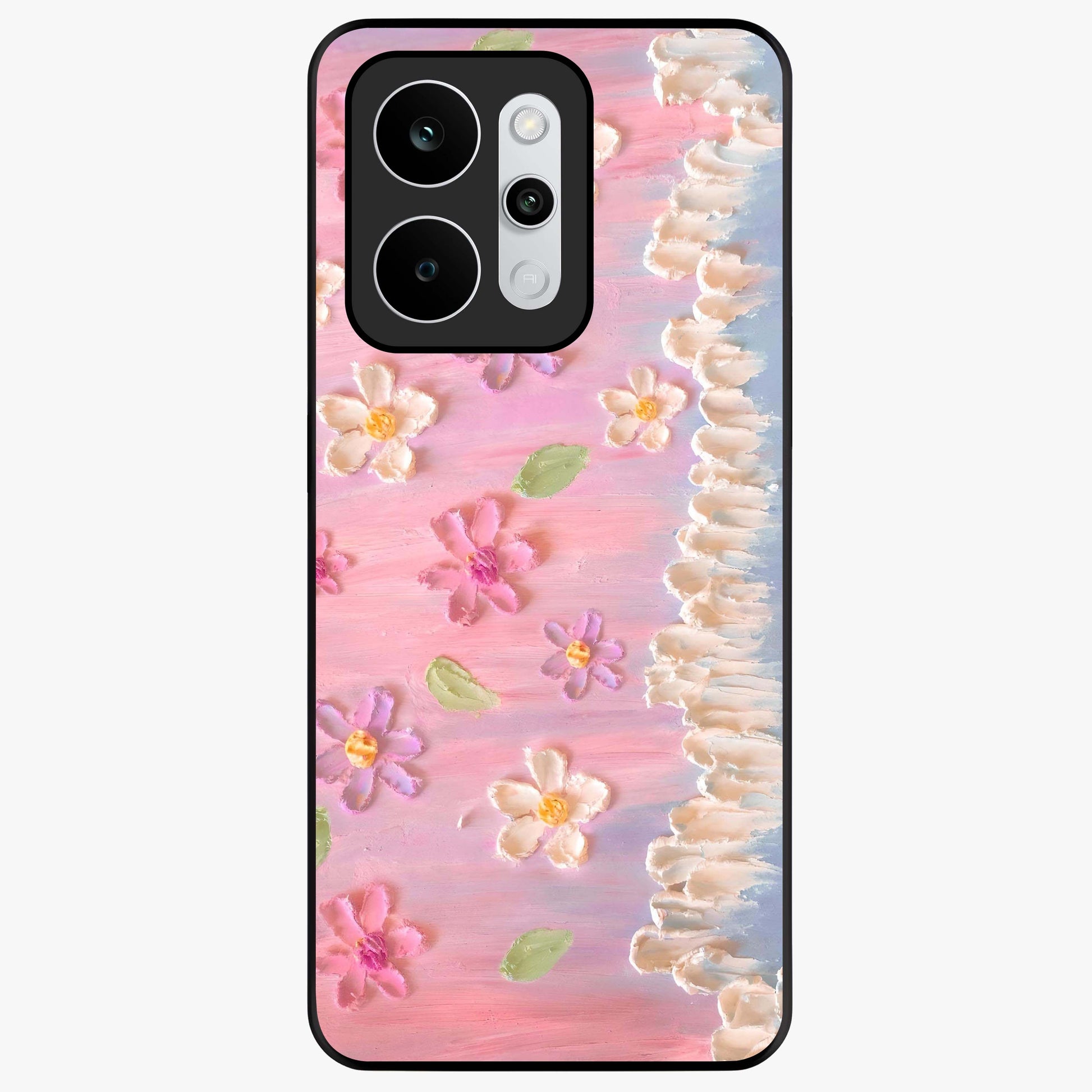 Dreamy Painted Garden Glass Case showing flat back view with artistic painted floral garden artwork and glossy glass finish.