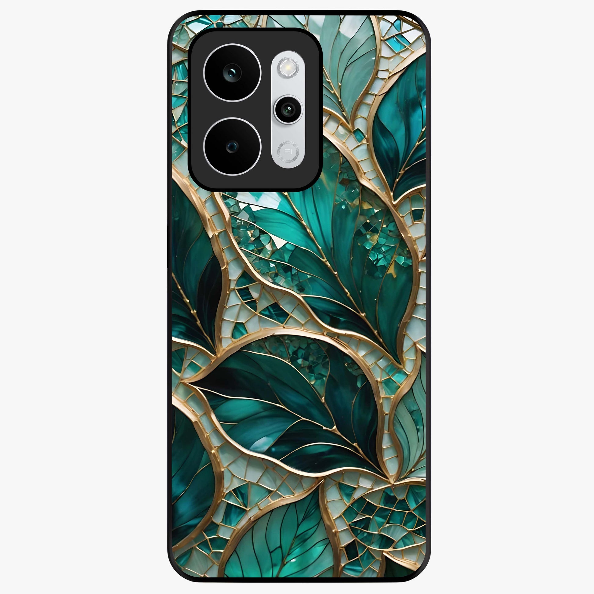 Emerald Leaf Glass Glass Case showing flat back view with emerald green leaf artwork and glossy glass finish.