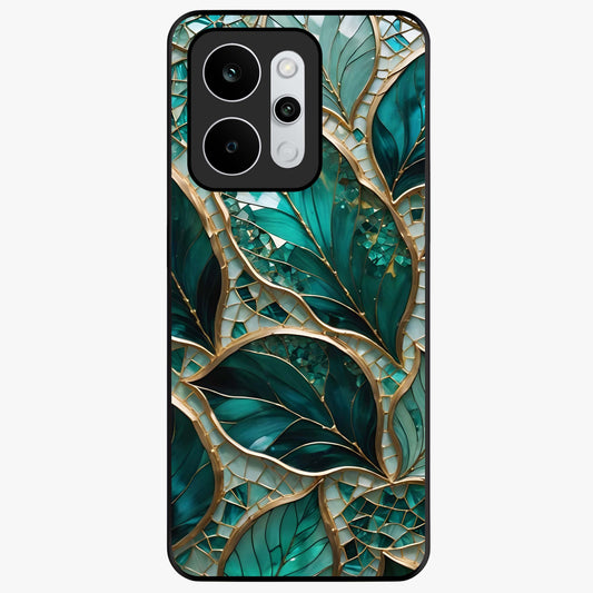 Emerald Leaf Glass Glass Case showing flat back view with emerald green leaf artwork and glossy glass finish.