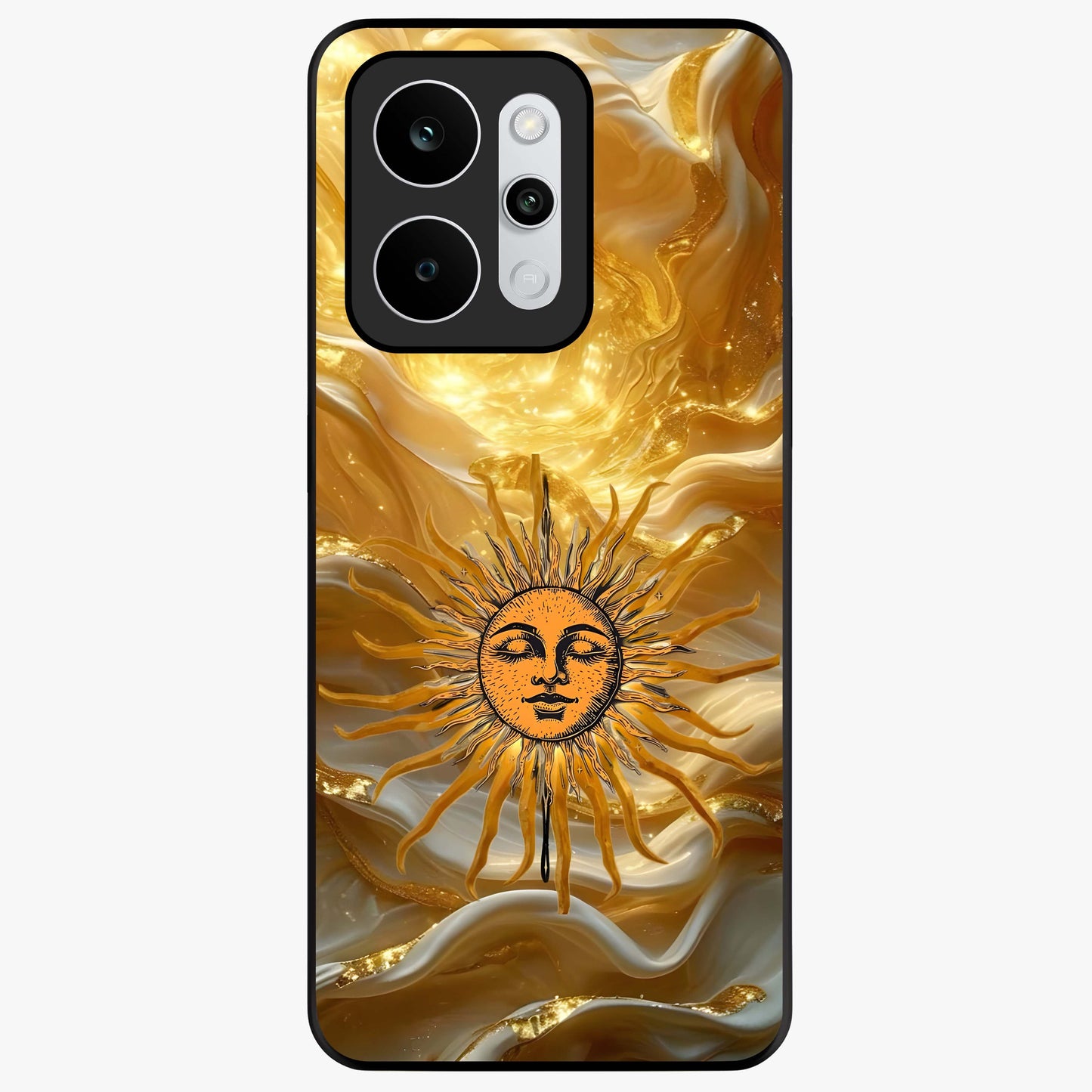 Eternal Golden Glow Glass Case showing flat back view with radiant golden themed artwork and glossy glass finish.