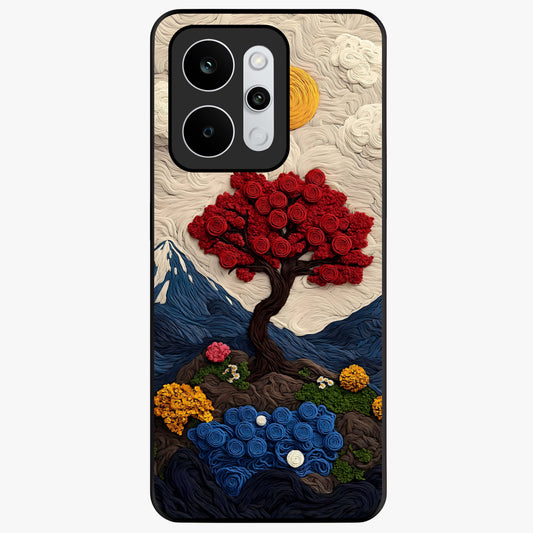 Eternal Nature Tapestry Glass Case showing flat back view with intricate nature tapestry artwork and glossy glass finish.