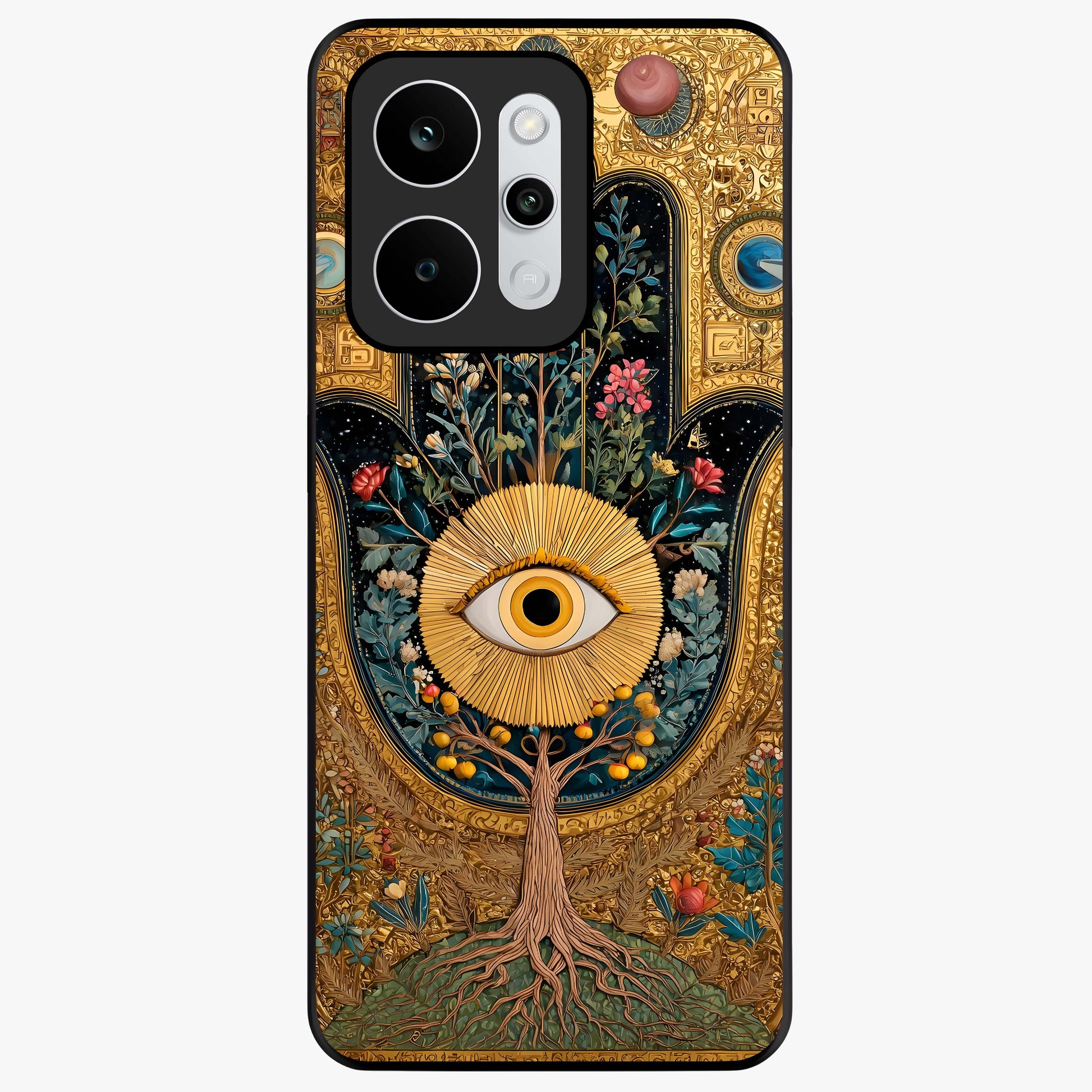 Ethereal Evil Eye Glass Case showing flat back view with mystical evil eye artwork and glossy glass finish.