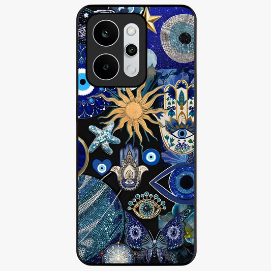 Evil Eye Charm Mix Glass Case showing flat back view with multiple evil eye charms artwork and glossy glass finish.
