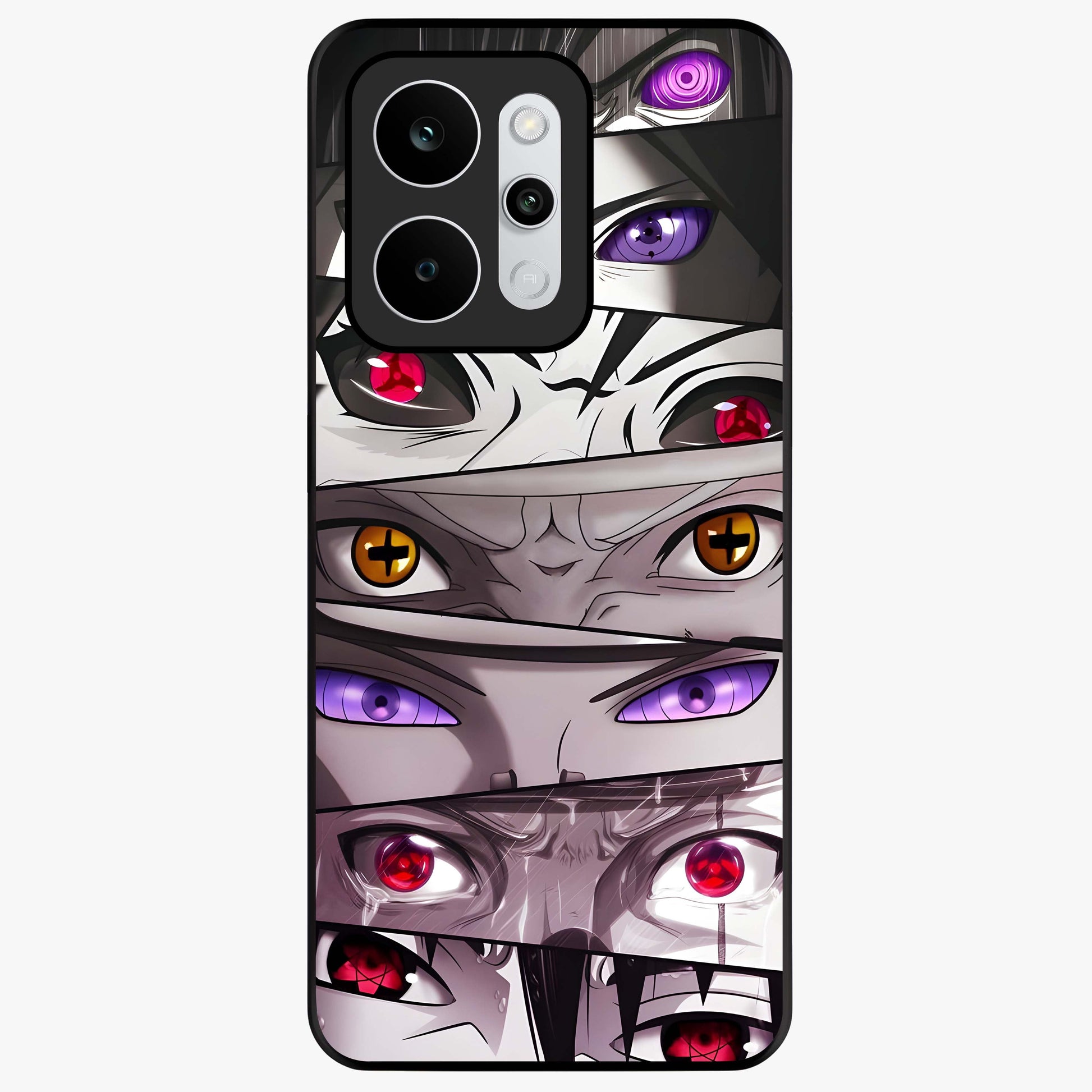 Eyes of Destiny Glass Case showing flat back view with striking eye themed artwork and glossy glass finish.