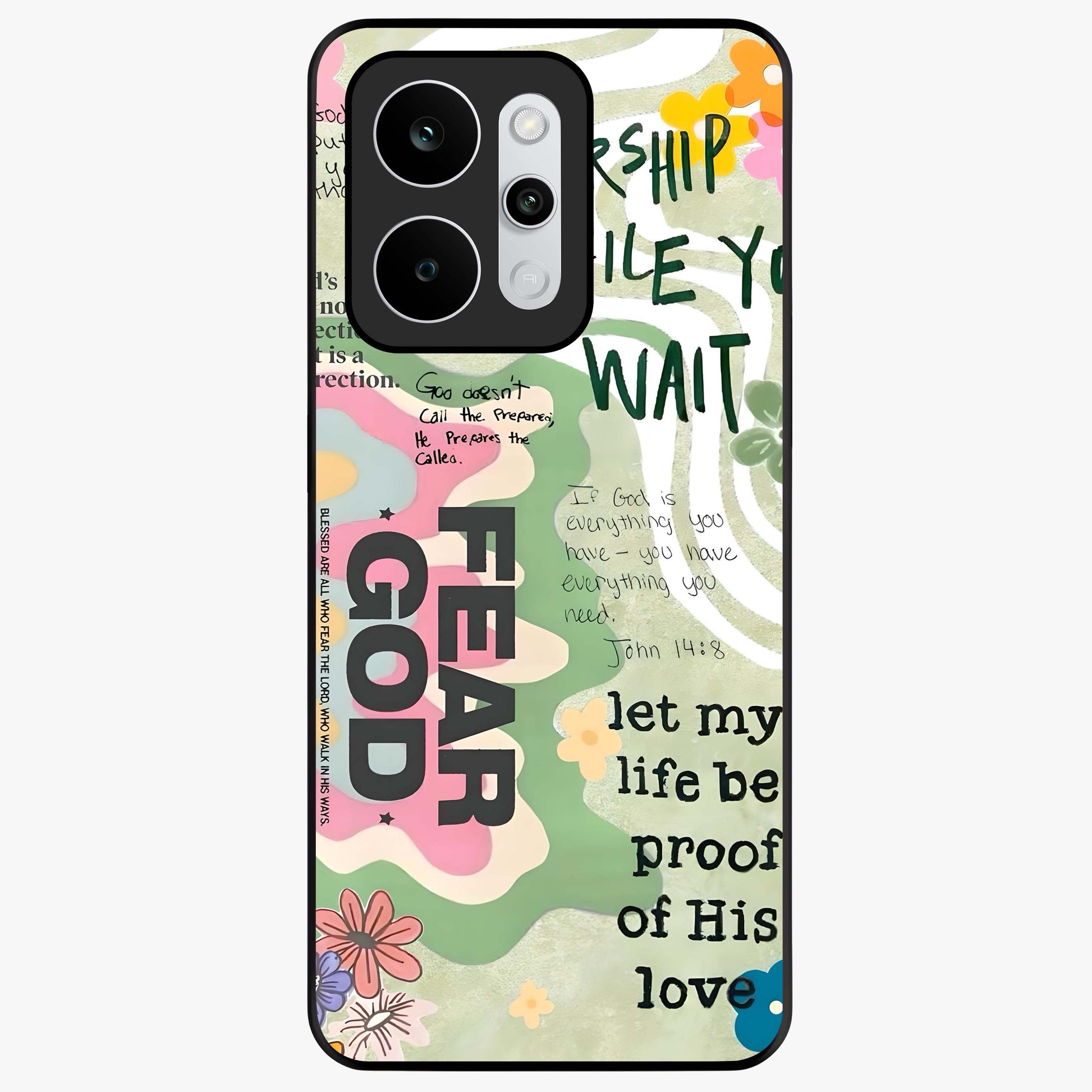 Faith Over Fear Glass Case showing flat back view with motivational typography artwork and glossy glass finish.