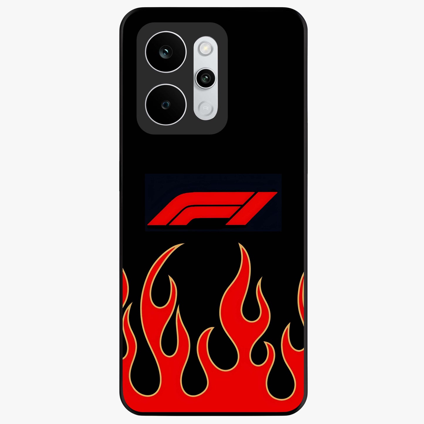 Fire F11 Glass Case showing flat back view with fiery themed artwork and glossy glass finish.