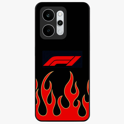 Fire F11 Glass Case showing flat back view with fiery themed artwork and glossy glass finish.