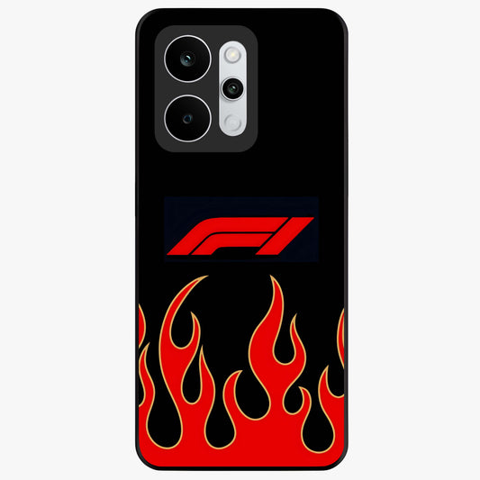 Fire F11 Glass Case showing flat back view with fiery themed artwork and glossy glass finish.