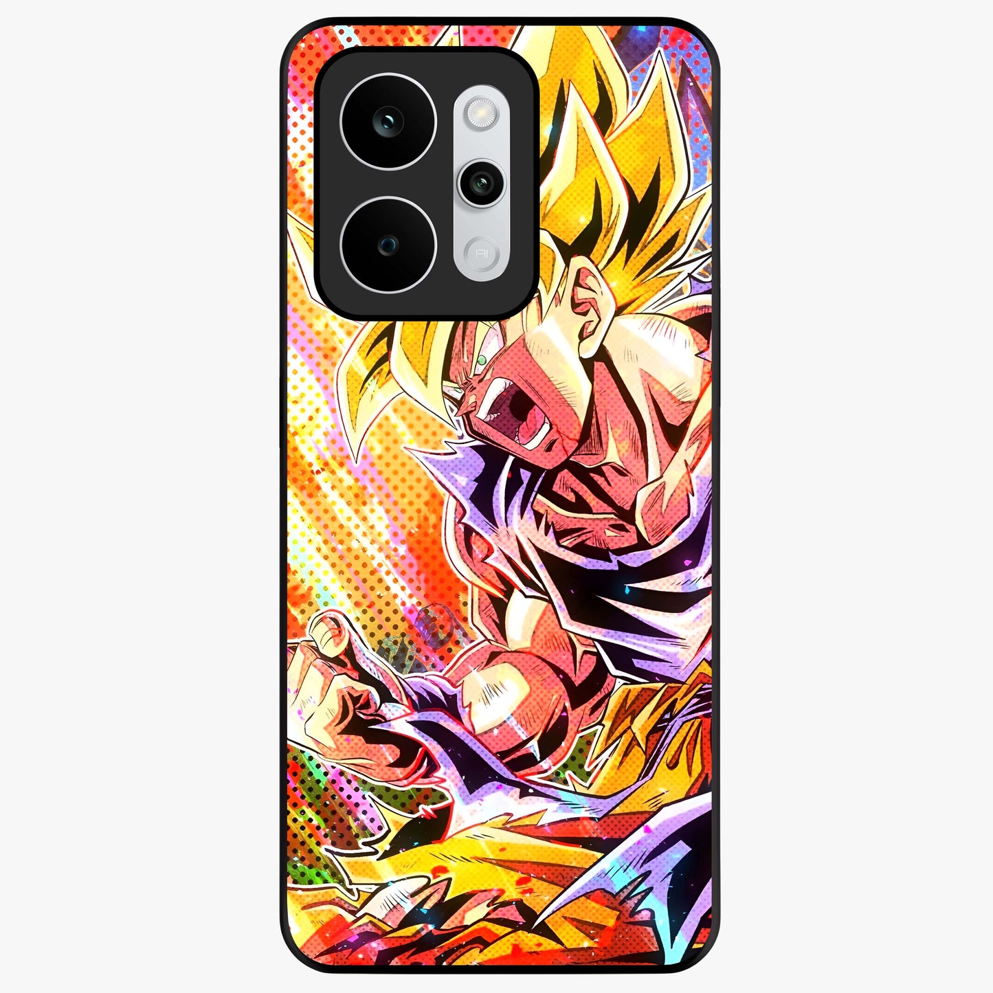 Firing Goku Glass Case showing flat back view with powerful anime inspired artwork and glossy glass finish.
