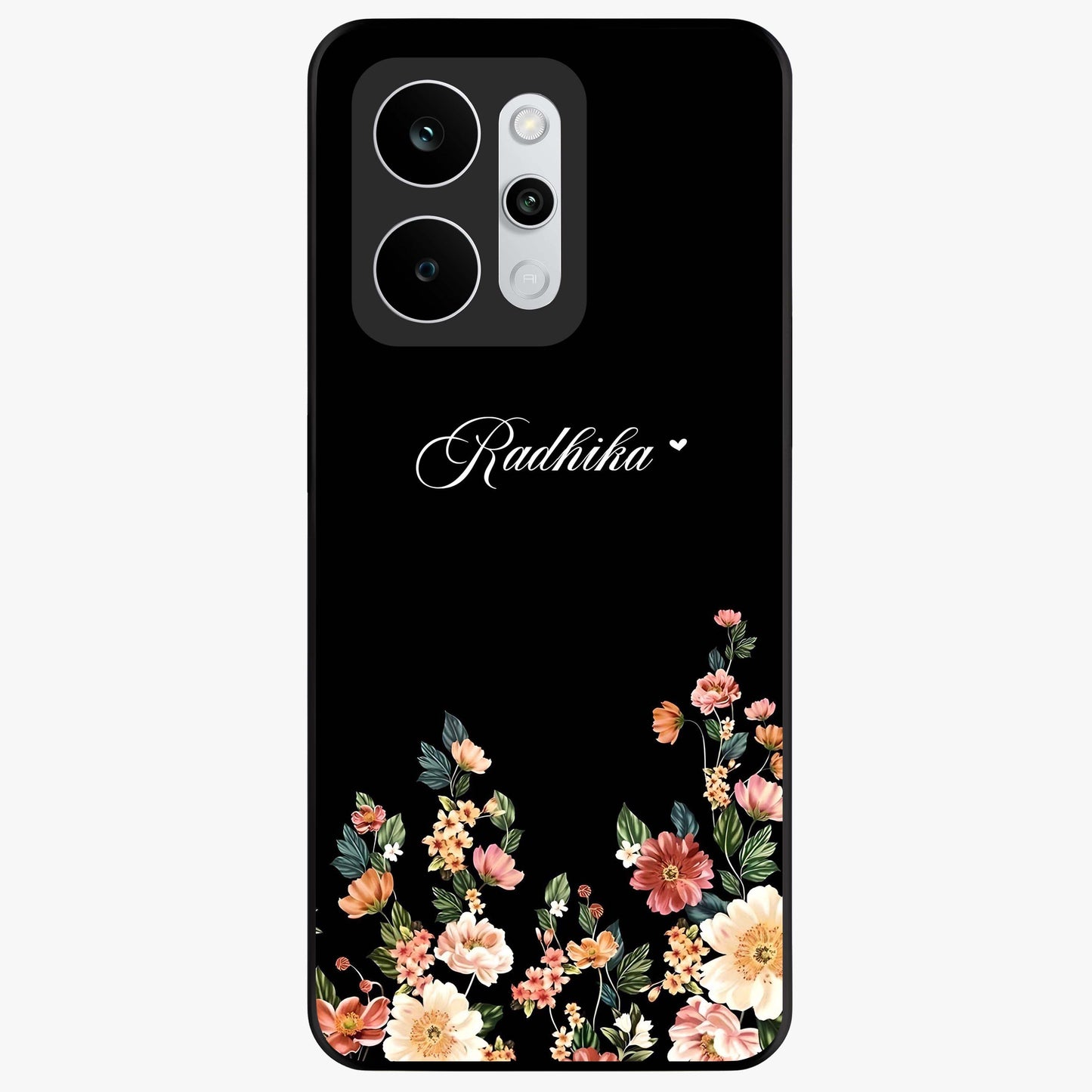 Floral Design With a Custom Personalized Name Glass Case showing flat back view with floral artwork and personalized name design.