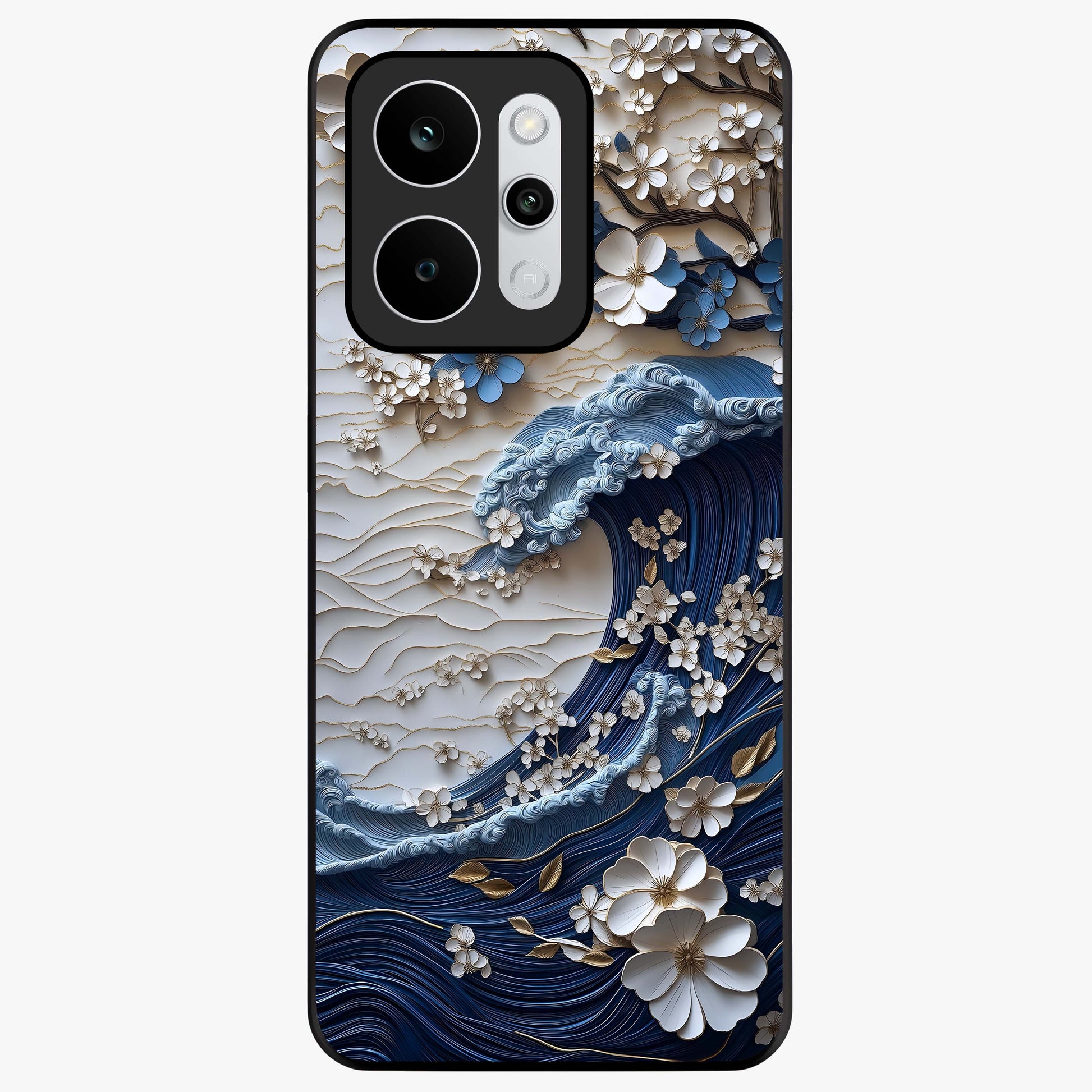 Floral Wave Origami Glass Case showing flat back view with origami inspired floral wave artwork and glossy glass finish.