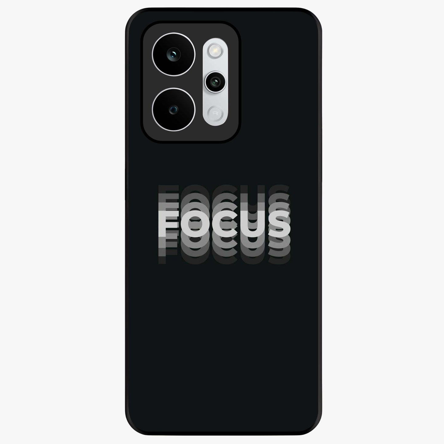 Focus Mode On Glass Case showing flat back view with bold motivational typography design and glossy glass finish.