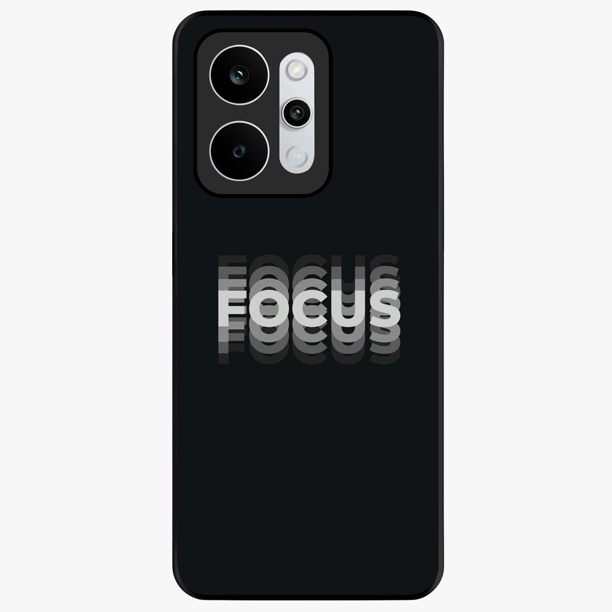 Focus Mode On Glass Case showing flat back view with bold motivational typography design and glossy glass finish.