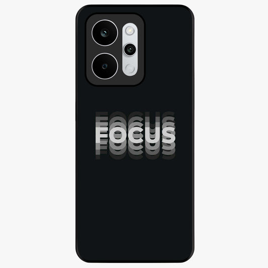 Focus Mode On Glass Case showing flat back view with bold motivational typography design and glossy glass finish.