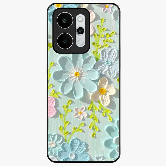Frosted Petal Garden Glass Case showing flat back view with soft frosted floral artwork and glossy glass finish.