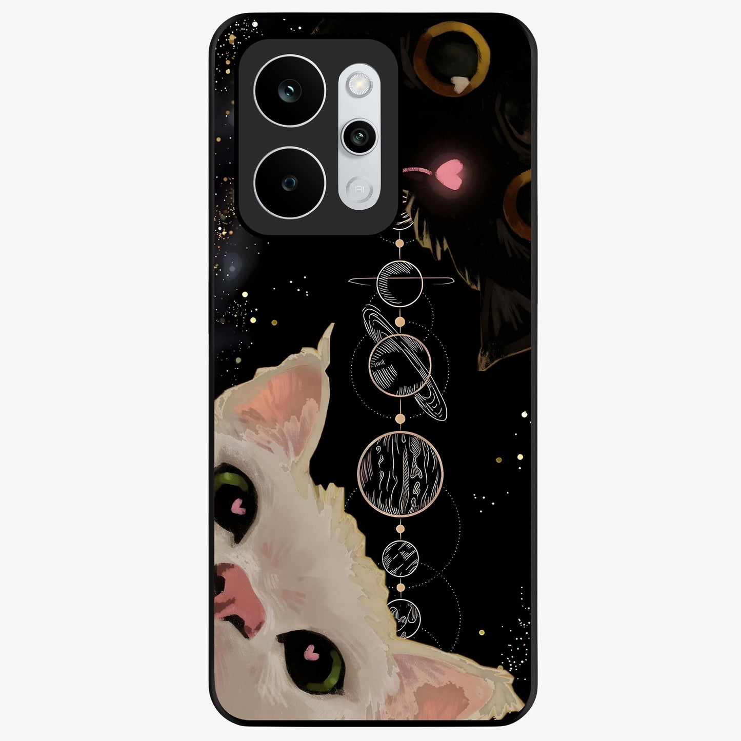 Galactic Cat Glass Case showing flat back view with cosmic cat artwork and glossy glass finish.