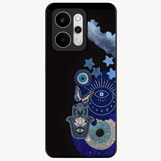 Galactic Charm Cluster Glass Case showing flat back view with glowing celestial charm artwork and glossy glass finish.