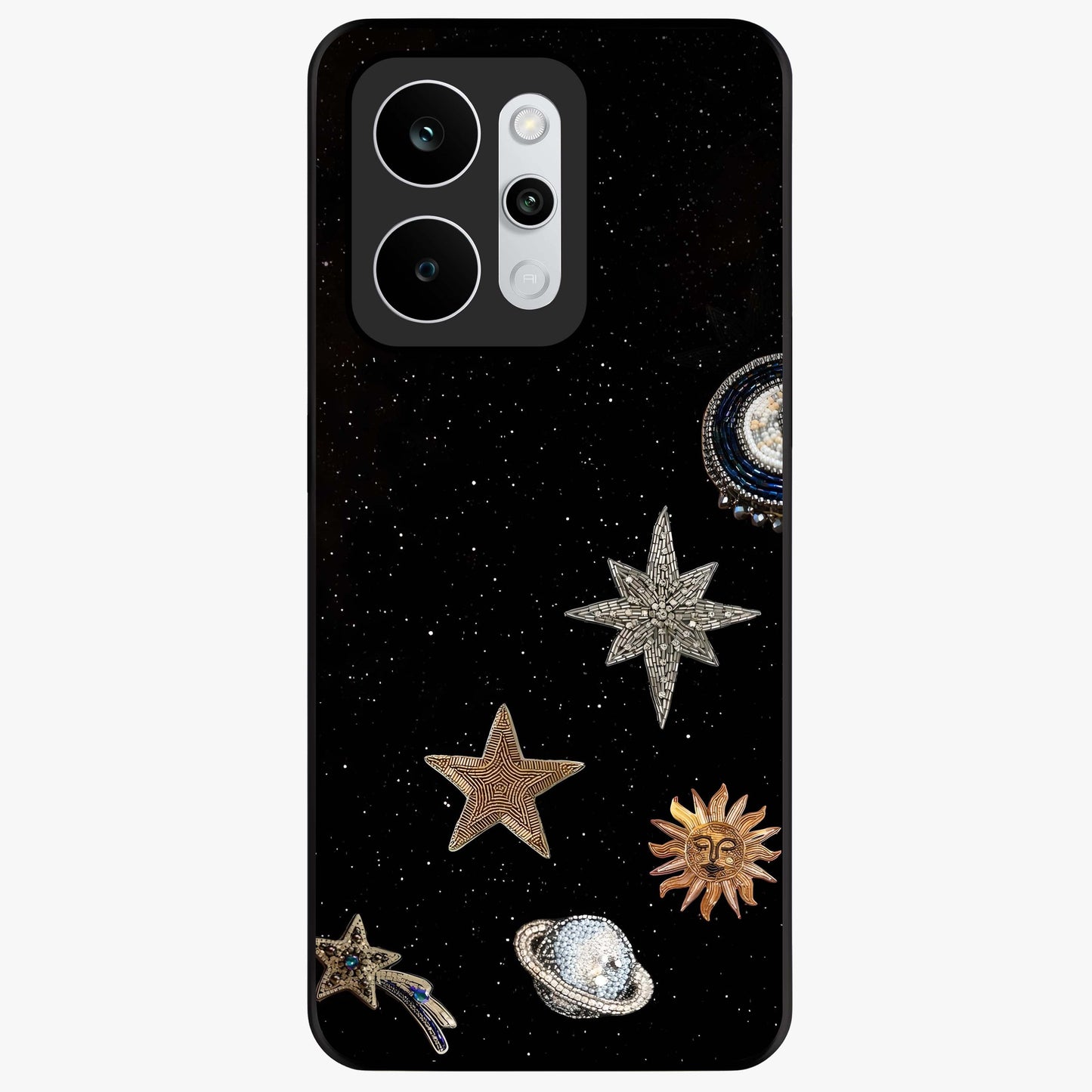 Galactic Charm Glow Glass Case showing flat back view with glowing celestial charm artwork and glossy glass finish.