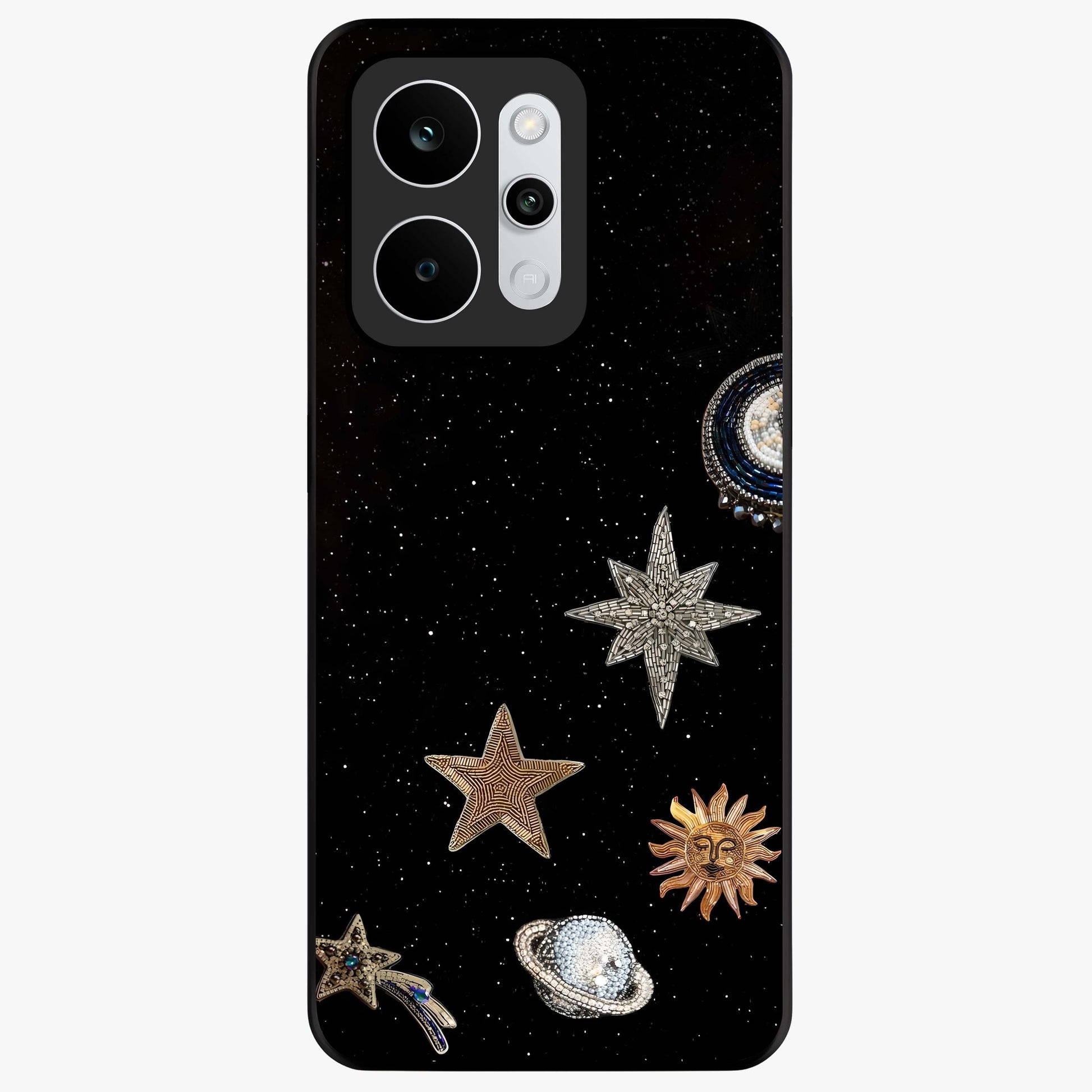 Galactic Charm Glow Glass Case showing flat back view with glowing celestial charm artwork and glossy glass finish.