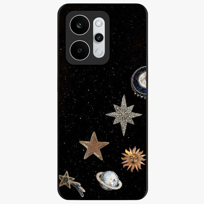 Galactic Charm Glow Glass Case showing flat back view with glowing celestial charm artwork and glossy glass finish.