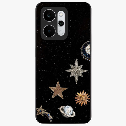 Galactic Charm Glow Glass Case showing flat back view with glowing celestial charm artwork and glossy glass finish.