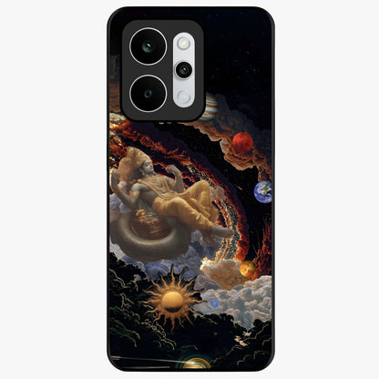 Galactic Divine God Glass Case showing flat back view with divine cosmic themed artwork and glossy glass finish.