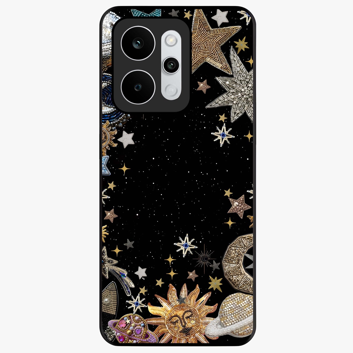 Galactic Jewel Stars Glass Case showing flat back view with sparkling star jewel artwork and glossy glass finish.