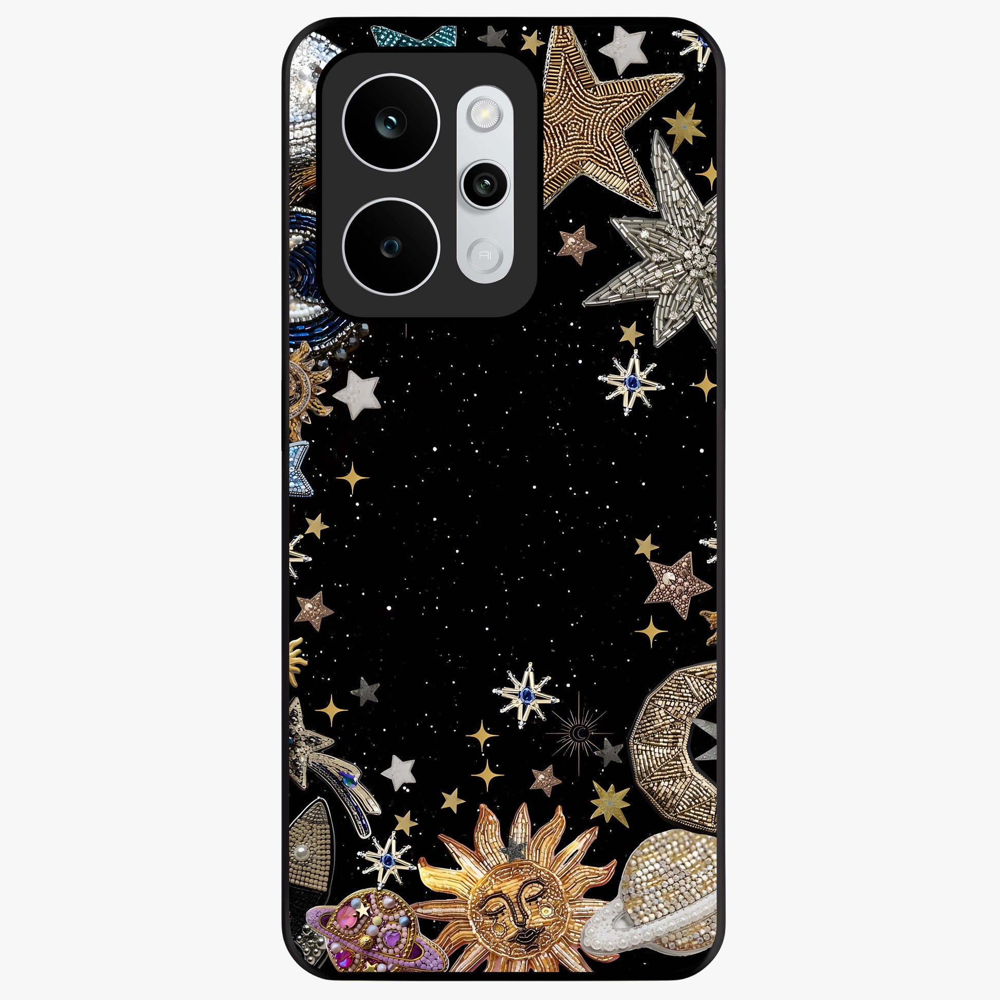 Galactic Jewel Stars Glass Case showing flat back view with sparkling star jewel artwork and glossy glass finish.