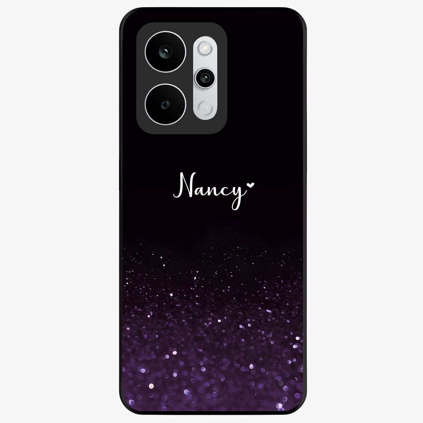 Glittery Purple Bokeh Custom Name Glass Case showing flat back view with purple bokeh sparkle artwork and personalized name design.