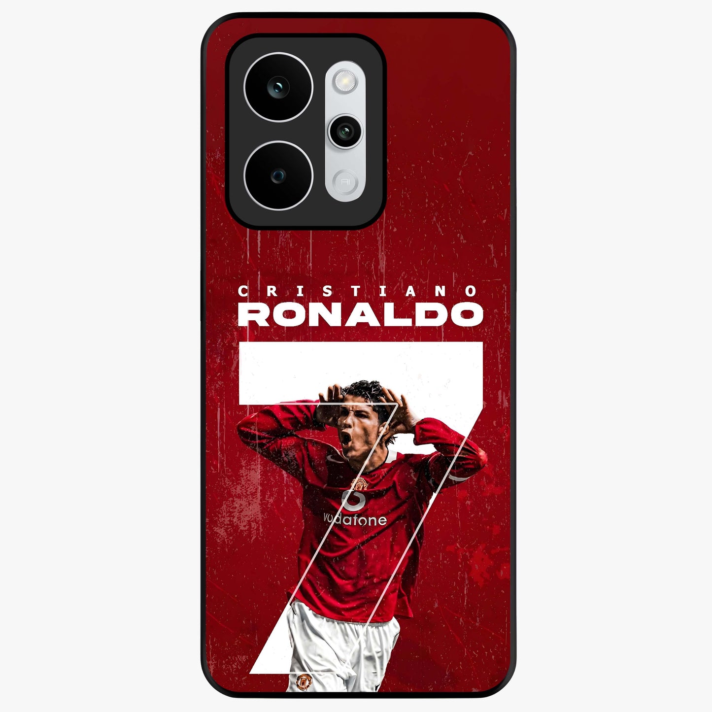 Goal Celebration Legacy Glass Case showing flat back view with football celebration inspired artwork and glossy glass finish.