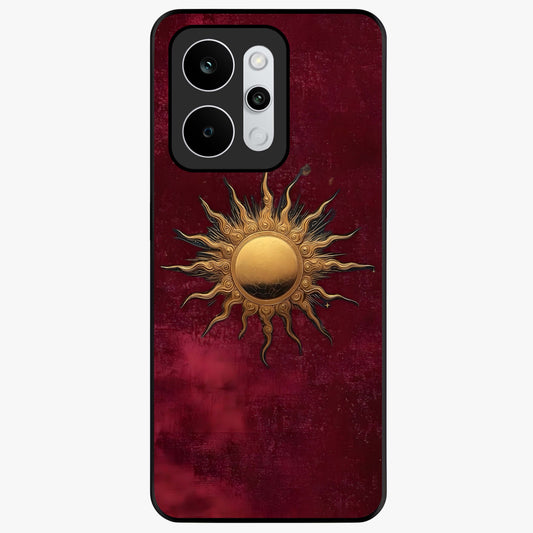 Gold Sun Blush Glass Case showing flat back view with golden sun inspired artwork and glossy glass finish.