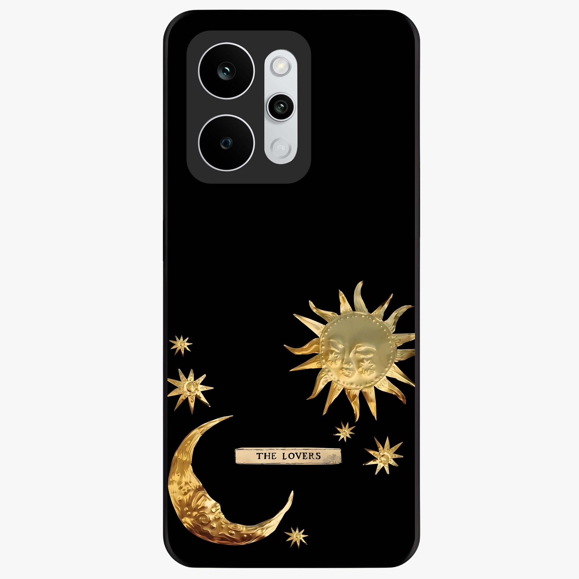 Golden Celestial Charm Glass Case showing flat back view with golden celestial charm artwork and glossy glass finish.