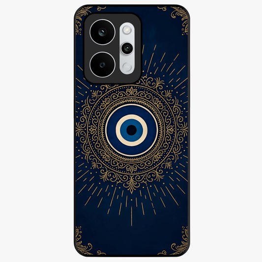 Golden Evil Eye Mandala Glass Case showing flat back view with intricate evil eye mandala artwork and glossy glass finish.